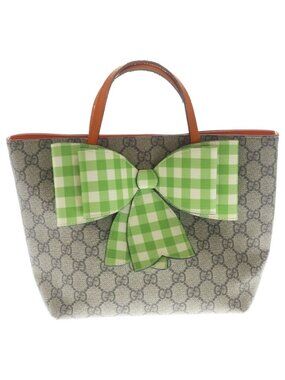 Gucci GG Supreme Children's Gingham Plaid Ribbon Tote Beige Light Green